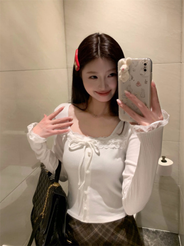 Lace tie bow square neck bottoming shirt with inner top