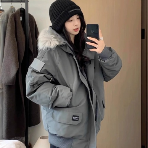 Down jacket for women 2024 winter new couple workwear jacket thickened jacket Hong Kong style design cotton jacket