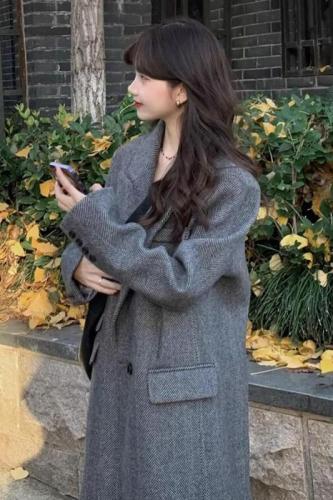 Gray suit woolen coat for women autumn and winter high-end new Korean style small temperament woolen coat