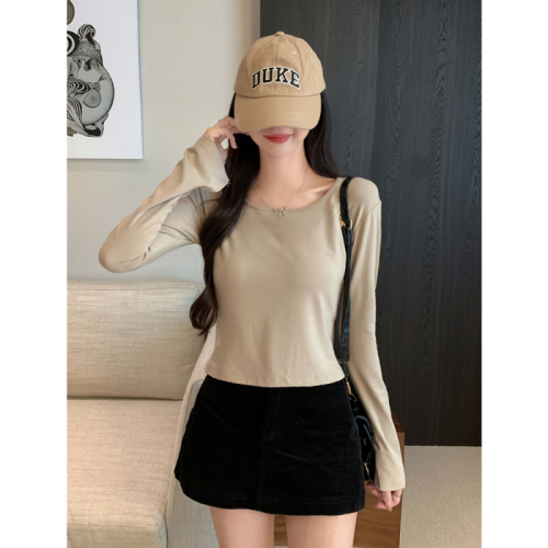 Actual shot of 2024 autumn and winter long-sleeved T-shirts for women with slit square neck bottoming shirts for women