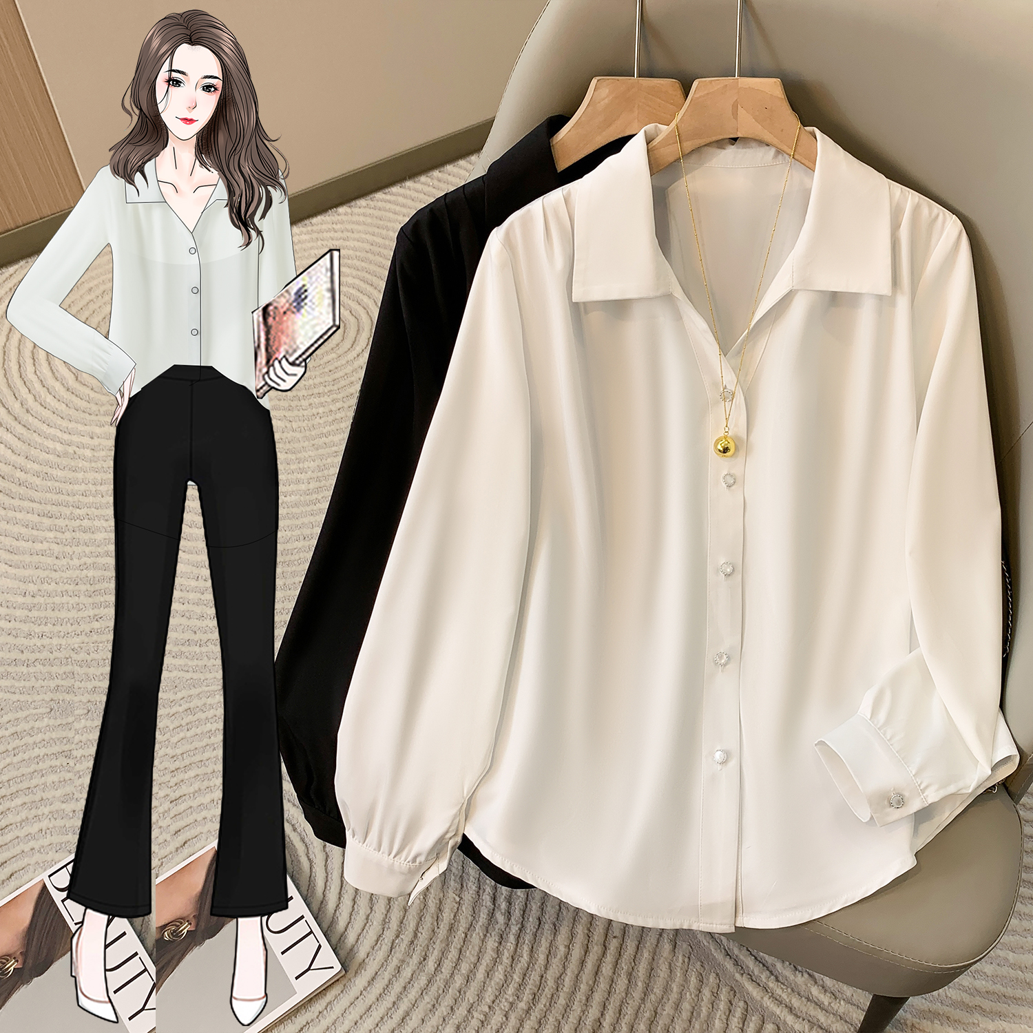 Women's Spring and Autumn French V-Neck Shirt, Professional Interview Dress Shirt, High Class, Wrinkle-Resistant, Long-Sleeved, 66608