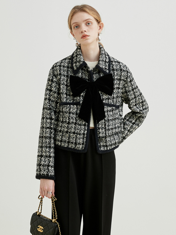 VEGA CHANG Tweed Short Jacket Women's Autumn and Winter New Xiaoxiang Retro Style Bow Jacket Top