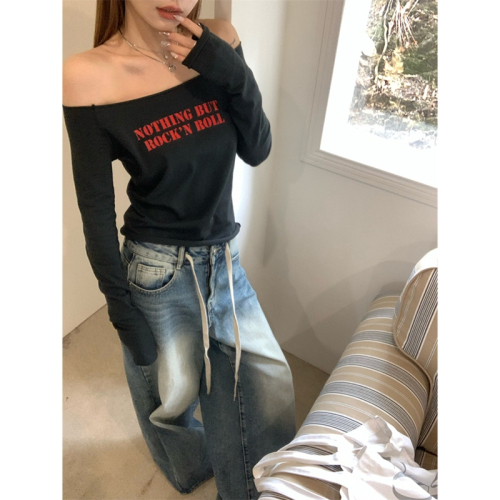 40 count cotton 92 cotton 8 spandex fashion super popular one-shoulder letter printed long-sleeved T-shirt slim off-shoulder top