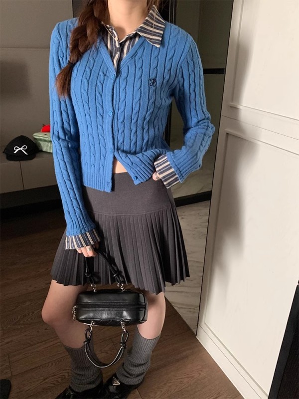Im Early Spring Vine School American Retro Pique Collar Knit Shirt for Women Spring Hemp Pattern Sweater