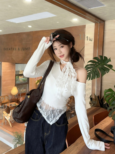 Actual shot~ Design niche lace-up lace splicing sloping shoulder slimming slim long-sleeved T-shirt