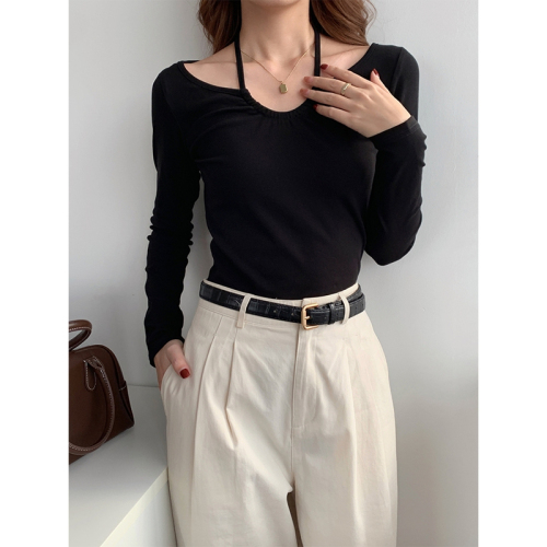 High elastic ribbed German velvet fashionable super popular halterneck long-sleeved T-shirt feminine slim v-neck bottoming shirt top