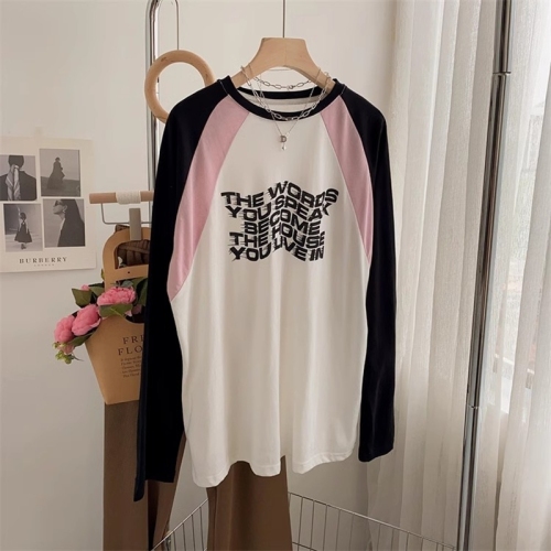 Official Photo Colored Cotton Raglan Sleeve Long Sleeve T-Shirt Korean Style Loose Contrast Color Top