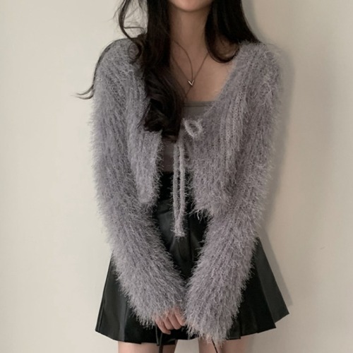 Korean chic early spring loose and versatile furry lace-up short sweater coat slim and warm knitted cardigan for women