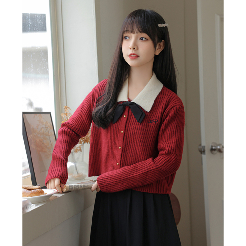 POLO Bowknot Cardigan for Women - Winter 2024 New Arrival - Loose Short Sleeve Embroidered Knit Top for Petite Women