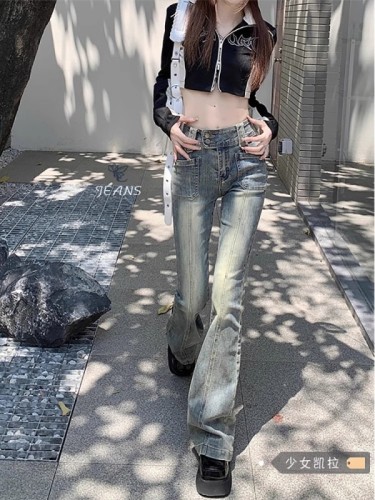 American retro micro-flare jeans for women summer high-waist slim straight pants European and American high street hot girl pants