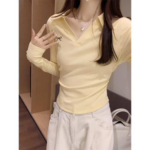 Actual shot of Korean bow embroidered long-sleeved cotton T-shirt for women in autumn pleated waist slimming short top