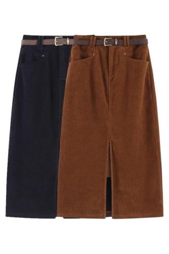 Hong Kong style retro high waist corduroy skirt women's autumn and winter temperament slimming hip-hugging slit A-line skirt mid-length skirt