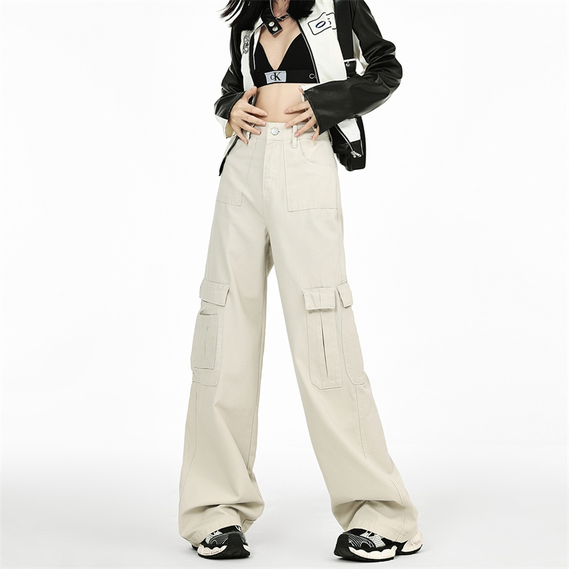American casual overalls for women in autumn new design multi-pocket loose slimming wide leg jeans for women
