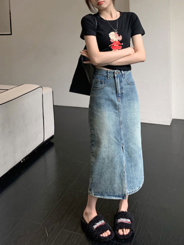 High waist slit denim skirt for women new summer mid-length crotch-covering A-line hip-covering skirt for small people