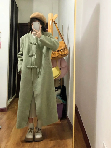 Women's woolen coat winter new Chinese style retro national style mid-length buckle woolen coat small person loose and thickened