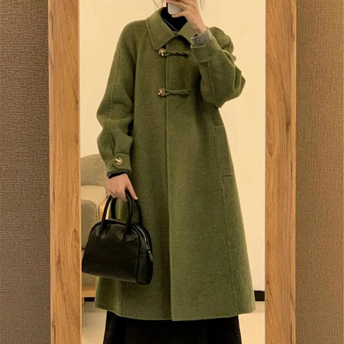 Green coat women's autumn and winter high-end 2024 new small medium-length Hepburn style woolen coat