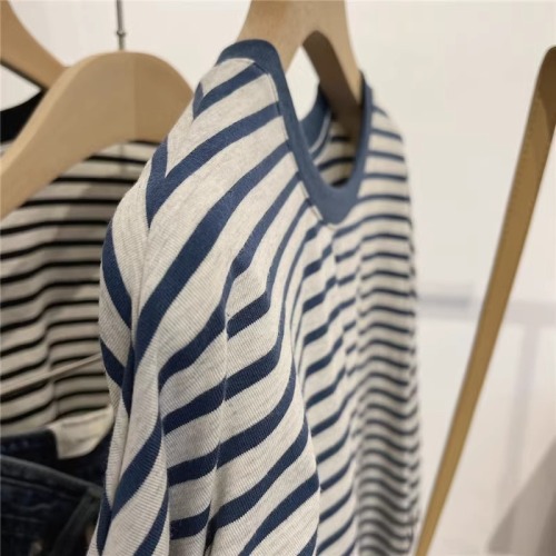 Original fabric extra large size 240 pounds retro contrasting stripes loose long-sleeved T-shirt for women