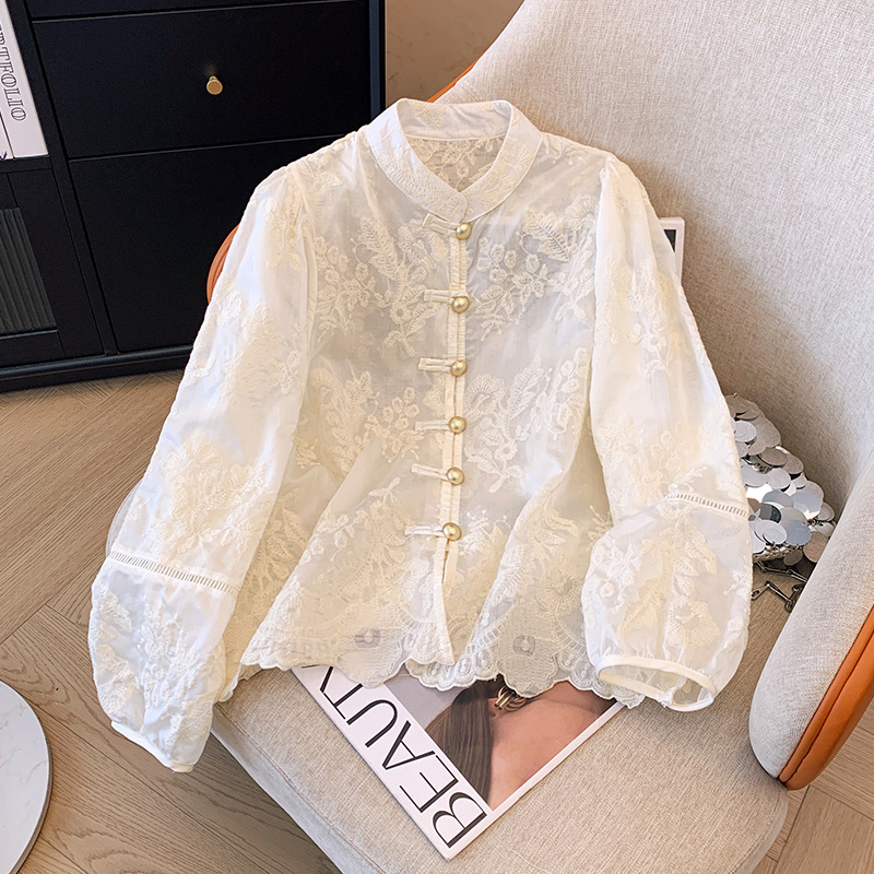 New Chinese style round neck lace shirt for women 2024 new style French temperament versatile slimming bottoming shirt trendy top