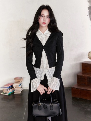 Yuzhi yuzhi design fake two-piece top dark gray sweater spliced ​​temperament slim bell sleeve shirt