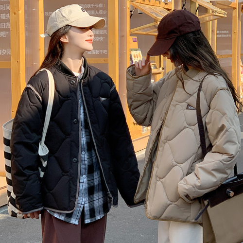 Actual shot of Korean style rhombus cotton jacket for women, high-end and super good-looking cotton jacket, oversize warm baseball jacket, cotton coat