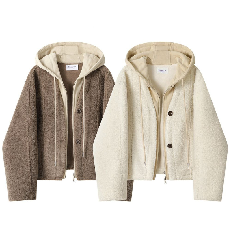 Original quality granular cashmere 650g large size 200 pounds lazy style fake two-piece hooded lambswool jacket for women