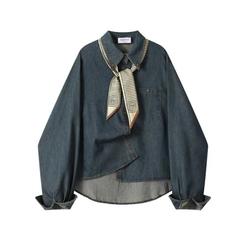 Thirteen lines of autumn new fashionable lapel buttoned pocket long-sleeved denim shirt women's all-match casual top