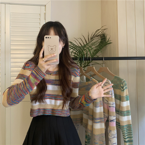 Actual shot of Korean style low-neck sweater with rainbow striped knitted sweater, short long-sleeved top