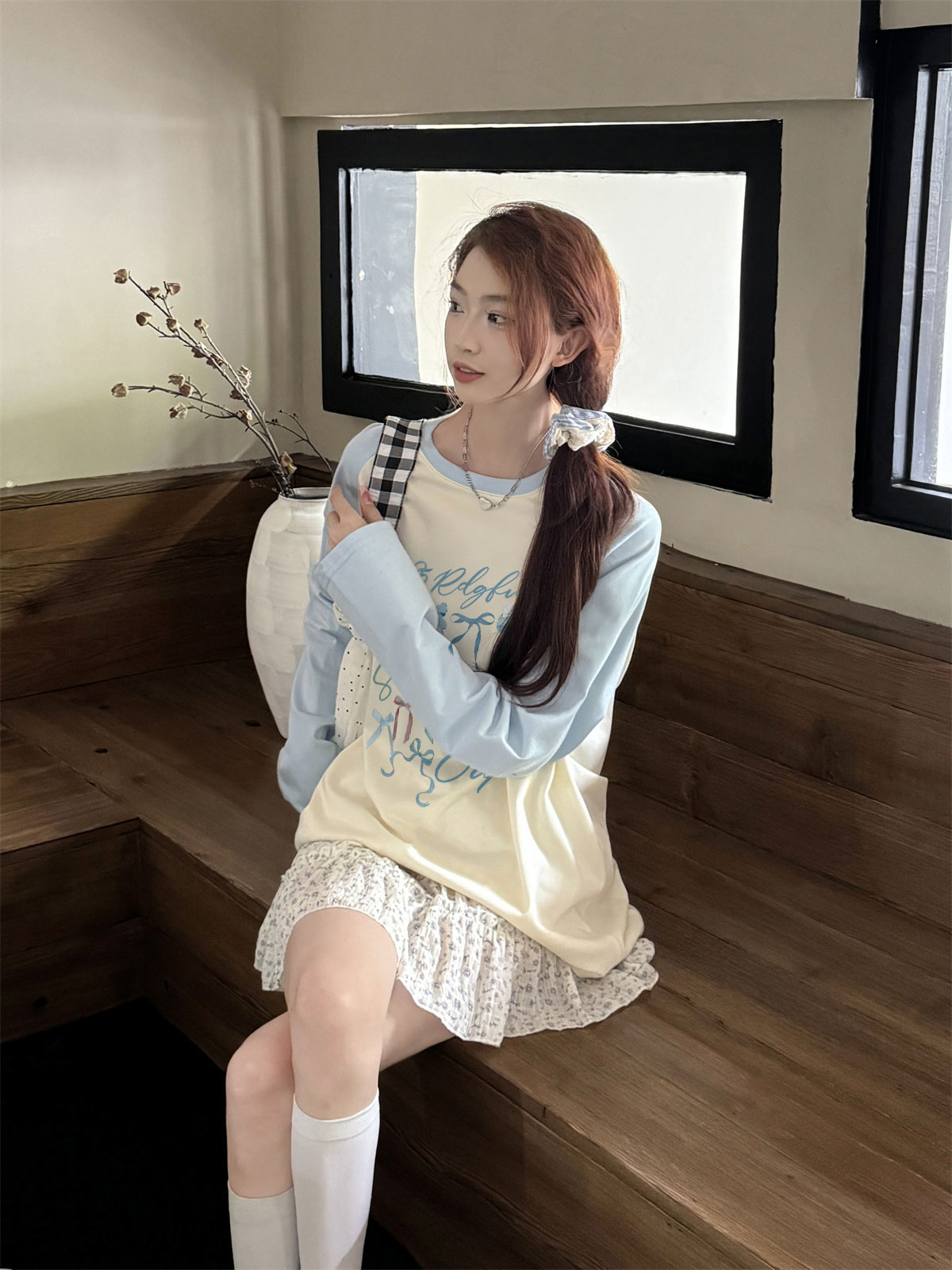 Women's Spring and Autumn Loose Print Crew Neck T-shirt with Pure Cotton Inserted Sleeve, 230g Pure Combed Cotton