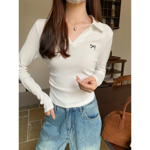 Actual shot of Korean bow embroidered long-sleeved cotton T-shirt for women in autumn pleated waist slimming short top