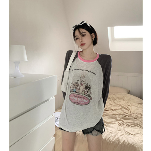 New contrasting color stitching fun cartoon print long-sleeved sun protection clothing for women Hong Kong style