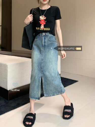 High waist slit denim skirt for women new summer mid-length crotch-covering A-line hip-covering skirt for small people