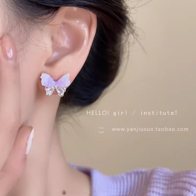 S925銀針夏季可愛粉色蝴蝶耳釘女百搭超仙氣質鋯石耳釘網紅耳飾品