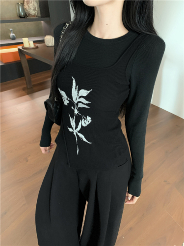 Black new Chinese style sleeveless camisole with long-sleeved knitted top for women in autumn