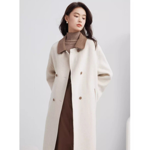 Korean niche design contrasting color temperament goddess style coat for women autumn and winter new contrasting color Hepburn style woolen coat