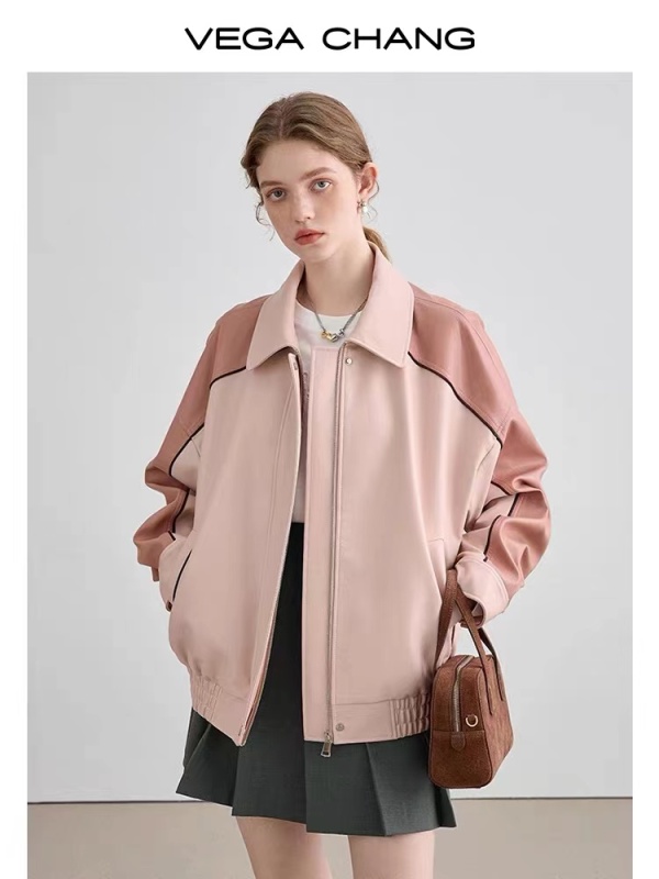 Jacket Women's Autumn Loose Slim Hong Kong Style Retro Pu Leather Color Block Jacket Top