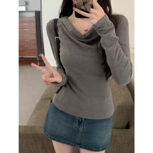 Real shot 1*1 thread 270g swing collar top women's one shoulder long sleeve T-shirt slim fit lazy bottoming shirt