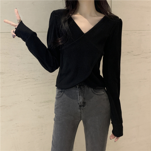 Real shot, real autumn and winter new design V-neck corduroy long-sleeved T-shirt tops for women