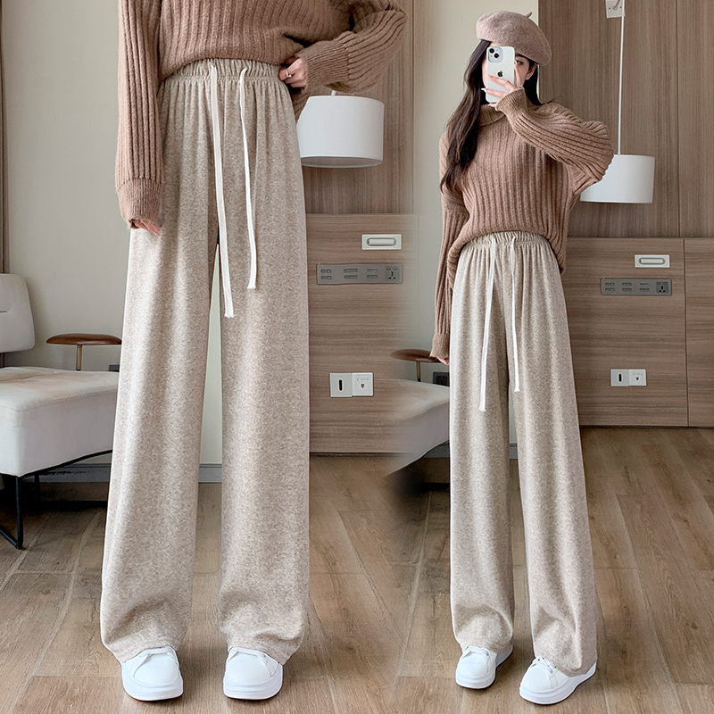 Thick cashmere plus velvet glutinous rice pants for women, slim towel pants, versatile wide-leg pants, drawstring walking trousers