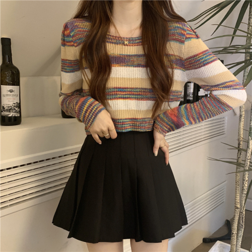 Actual shot of Korean style low-neck sweater with rainbow striped knitted sweater, short long-sleeved top