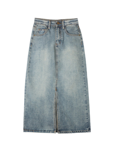 High waist slit denim skirt for women new summer mid-length crotch-covering A-line hip-covering skirt for small people