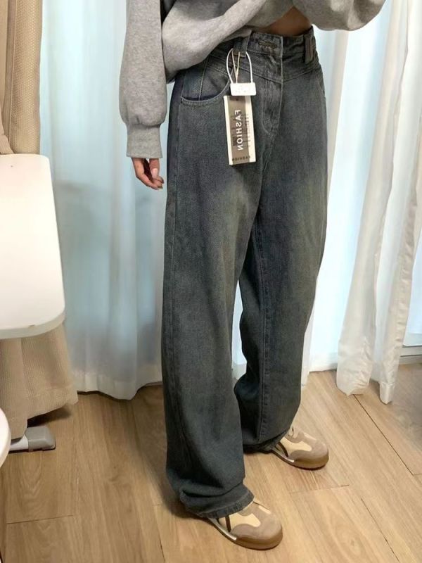 Star pattern nostalgic blue design jeans for women spring new style straight loose high waist wide leg trousers