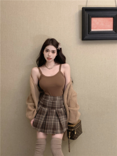 Real shot!  New style lazy style knitted jacket for women with suspender plaid skirt and three-piece trendy suit