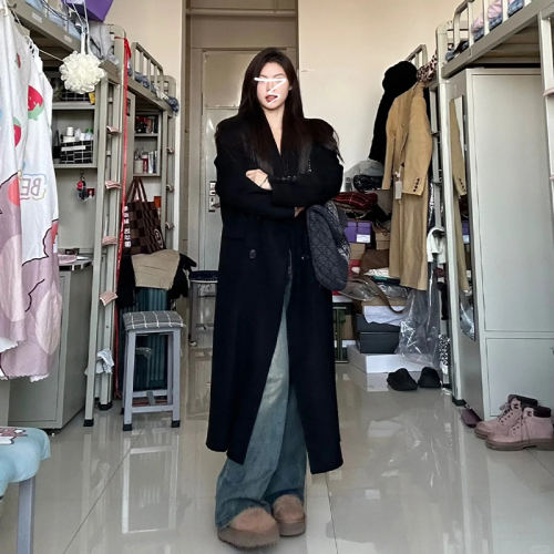 Hepburn style black woolen coat for women autumn and winter new style mid-length double-breasted woolen coat high-end