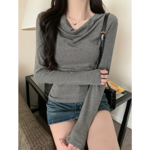 Real shot of swing collar tops for women, one-shoulder long-sleeved T-shirts, slim-fitting lazy bottoming shirts