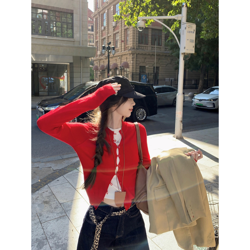 Contrast color fake two-piece sweater top crew neck pullover top