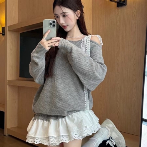 Korean simple suit niche fake two-piece lace stitching off-shoulder knitted sweater women's high-waisted skirt