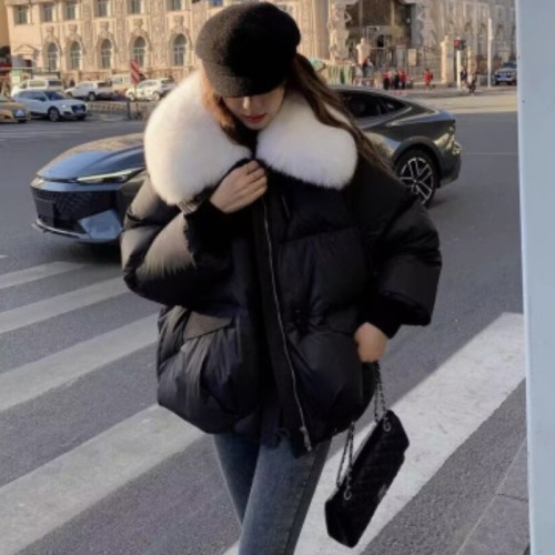 Semi-ripe cheese fur fox fur cotton collar women's horn button jacket women's white 2024 autumn and winter new style