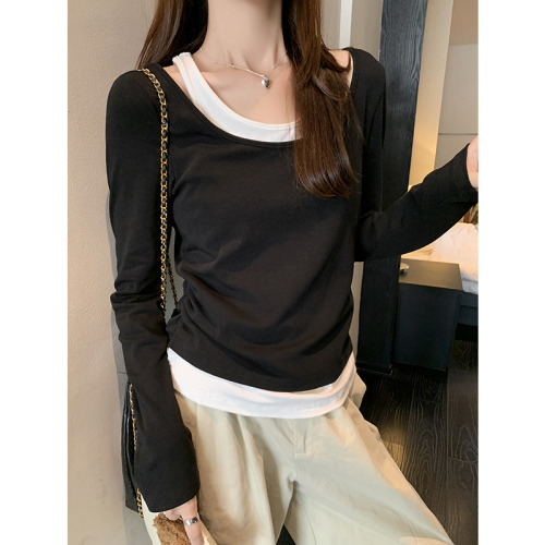 Real shot of autumn new contrasting color splicing fake two-piece long-sleeved T-shirt for women Korean slim fit short top