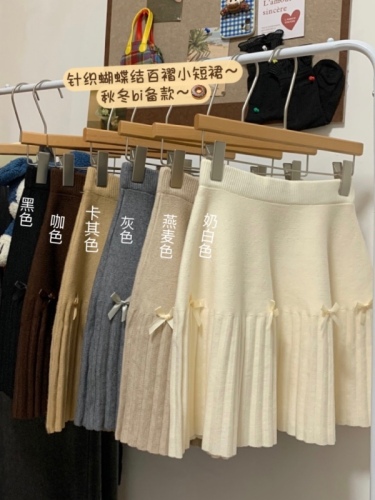 Actual shot of the new Korean style autumn and winter retro bow pleated thick, sweet, high-waisted and cute A-line mini skirt