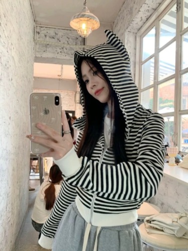 Little devil striped coat spring and autumn new Korean style short hooded zipper sweatshirt cardigan